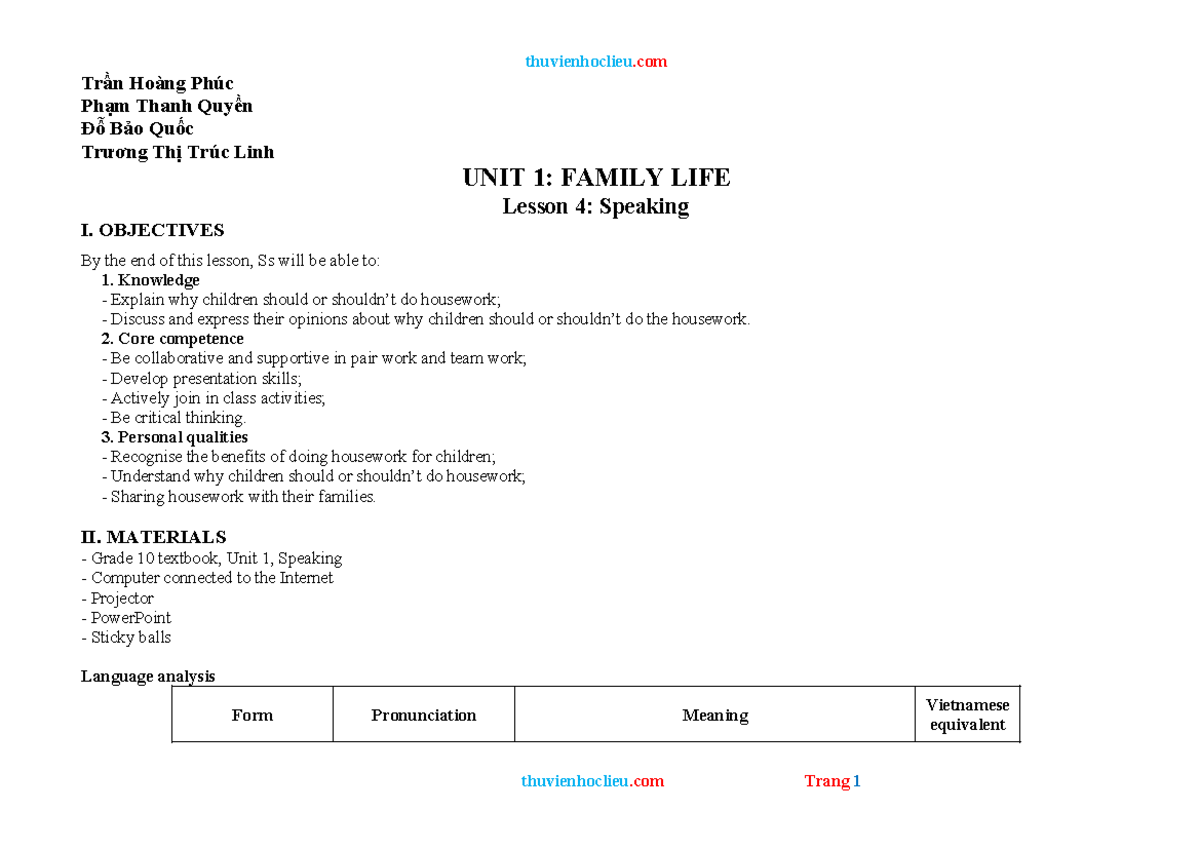Lesson Plan: Speaking - Unit 1: Family Life (Grade 10) - Studocu