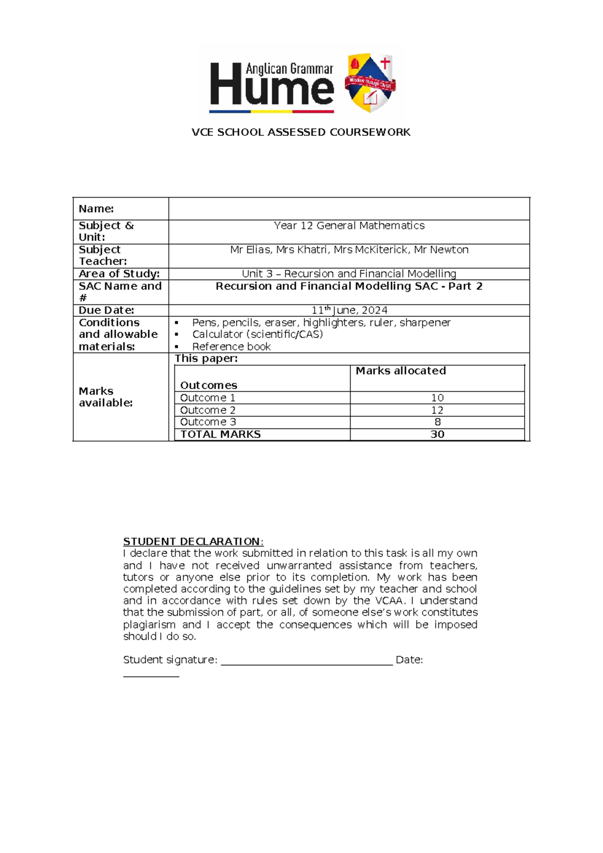 2024 VCE General Mathematics Unit 3 SAC: Recursion & Financial ...