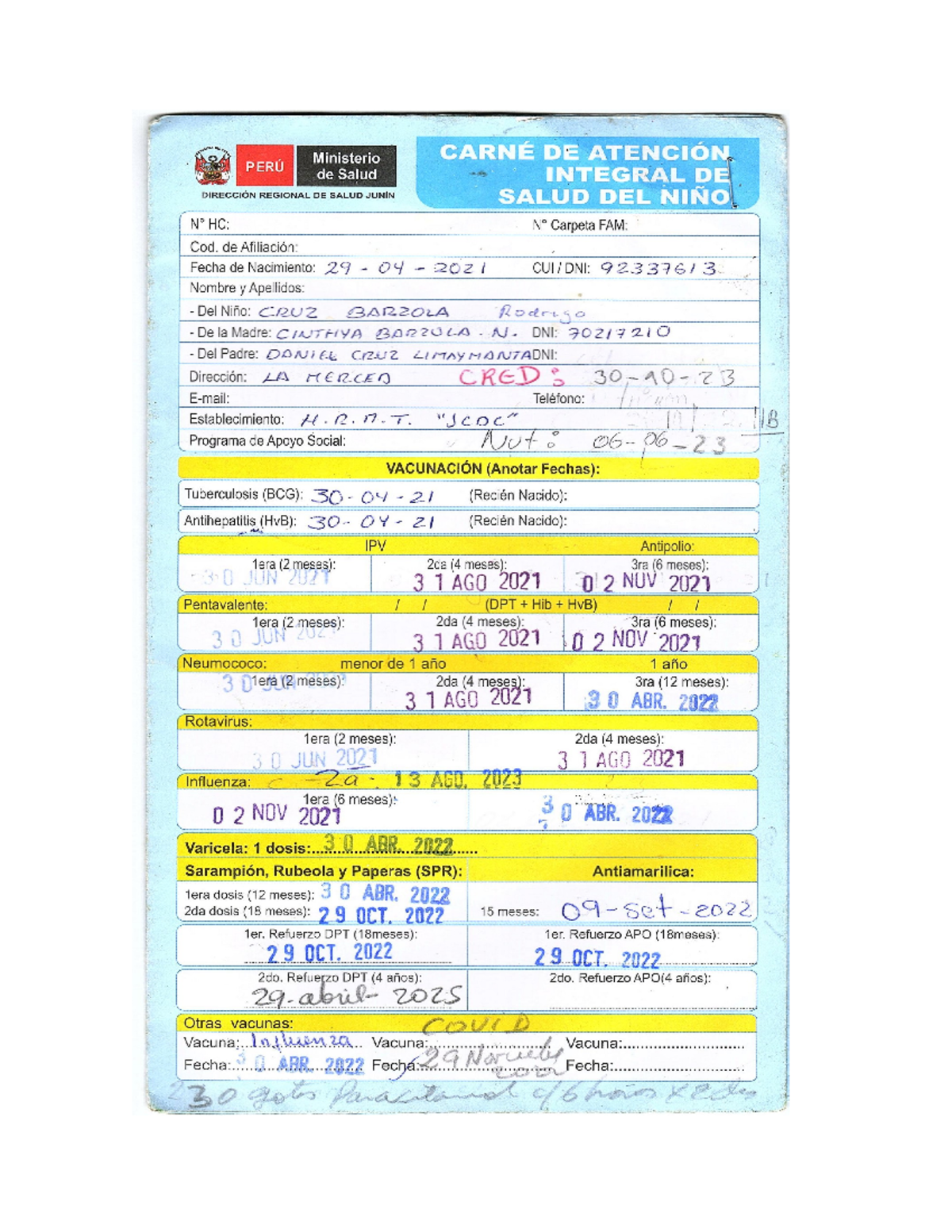 Tarjeta Control Rodrigo - Ministerio CARNÉ DE ATENCIÓN PERÚ de Salud ...