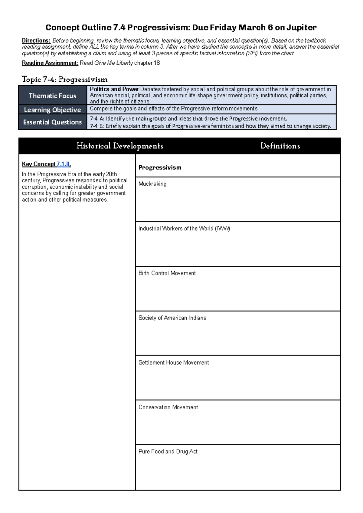 Concept Outline 7.4: Progressivism Key Terms & Essential Questions ...