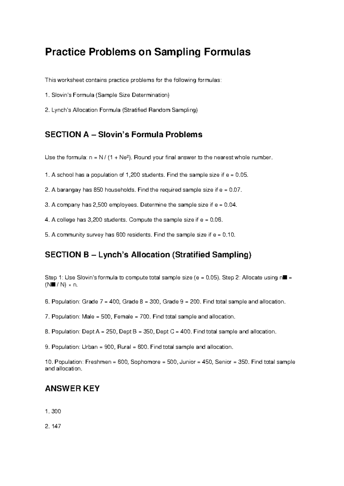 Stratified Sampling & Slovin Practice Problems (Stats 101) - Studocu