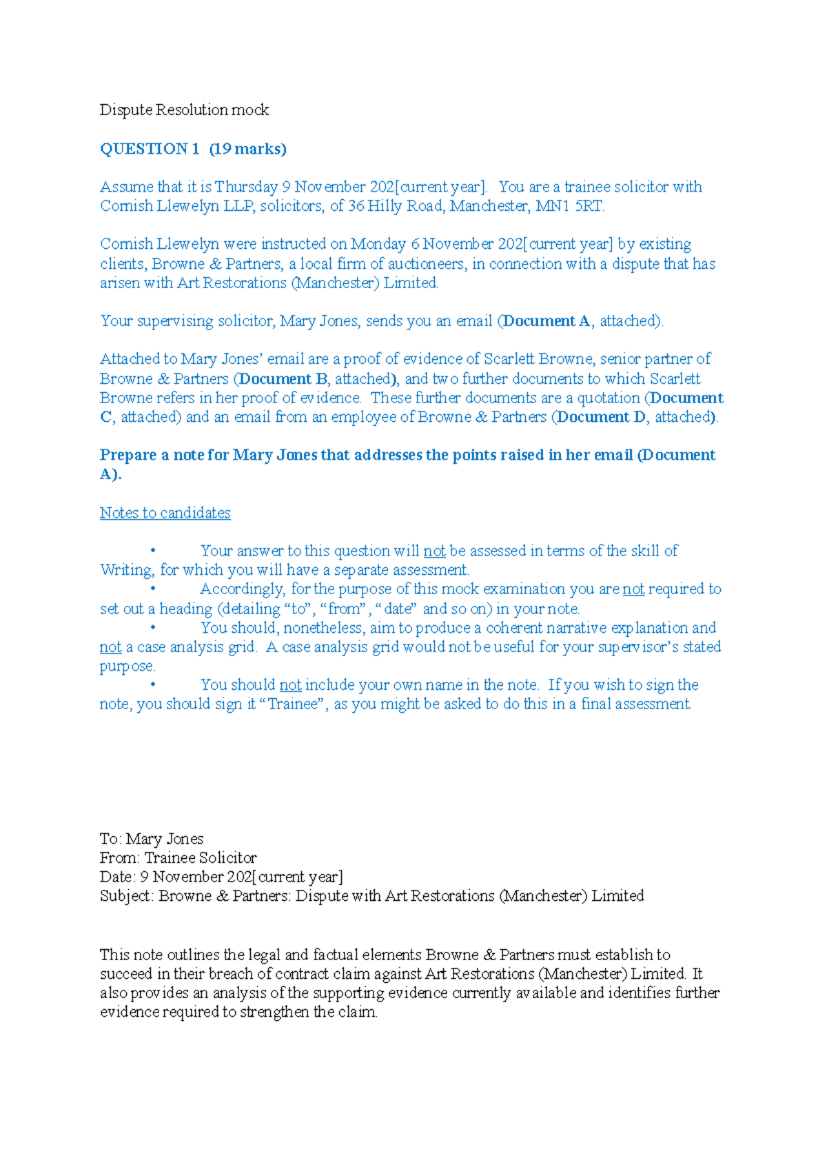 Dispute Resolution Mock Exam Answers for Course Code DR101 - Studocu