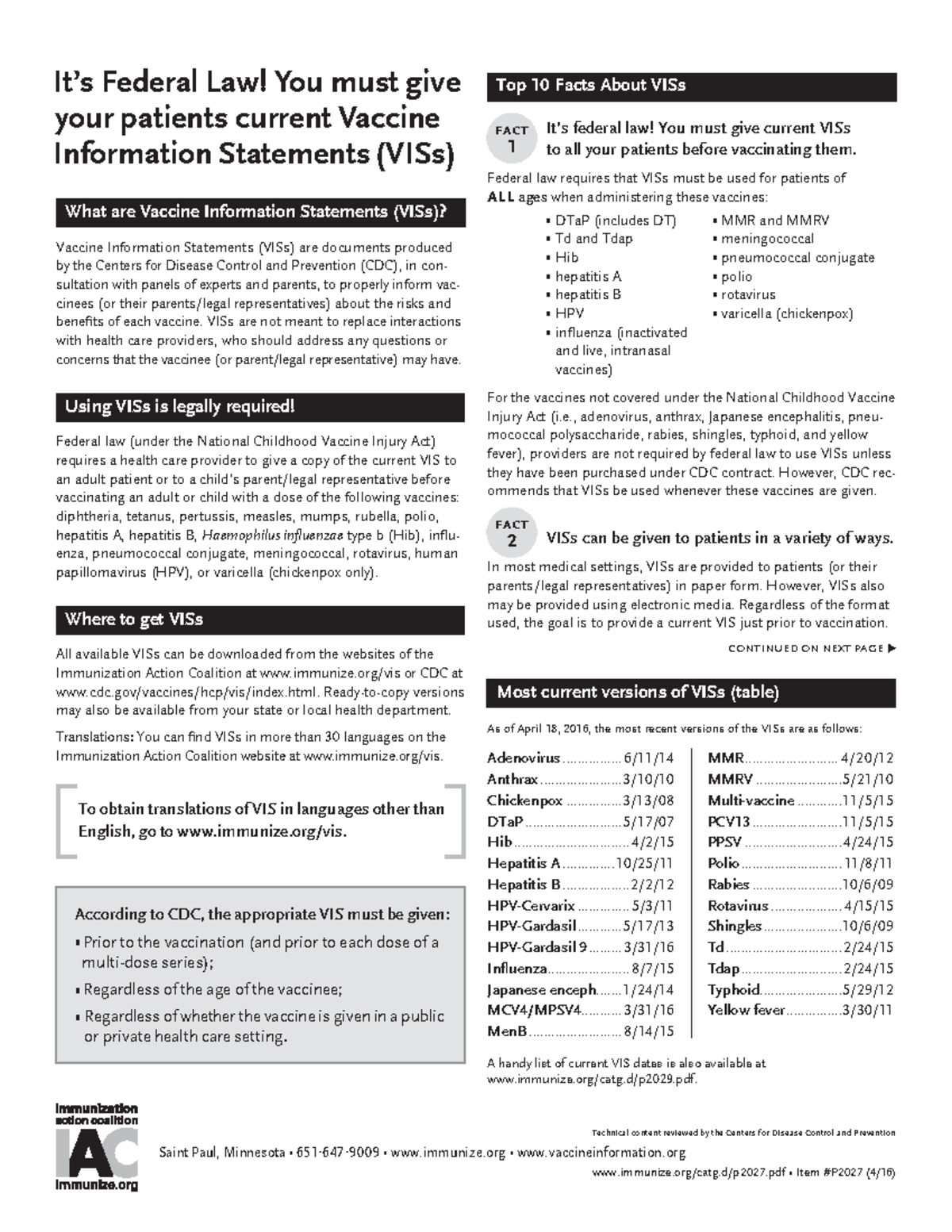 It’s Federal Law: Provide Current Vaccine Information Statements (VISs ...