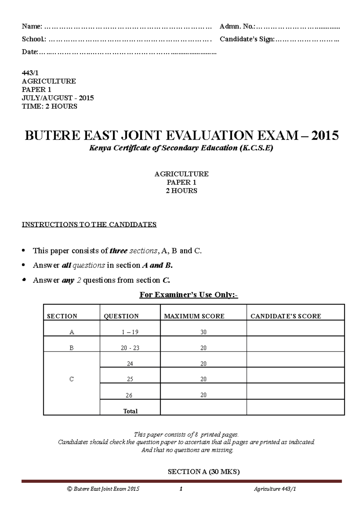 K.C.S.E Agriculture Paper 1 July/August 2015 Evaluation Exam - Studocu