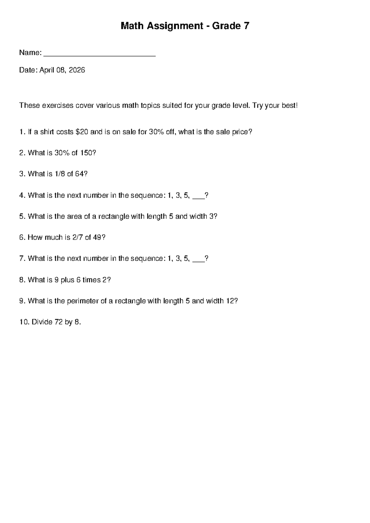 MATH 8021 - Grade 7 Math Assignment Exercises - Studocu