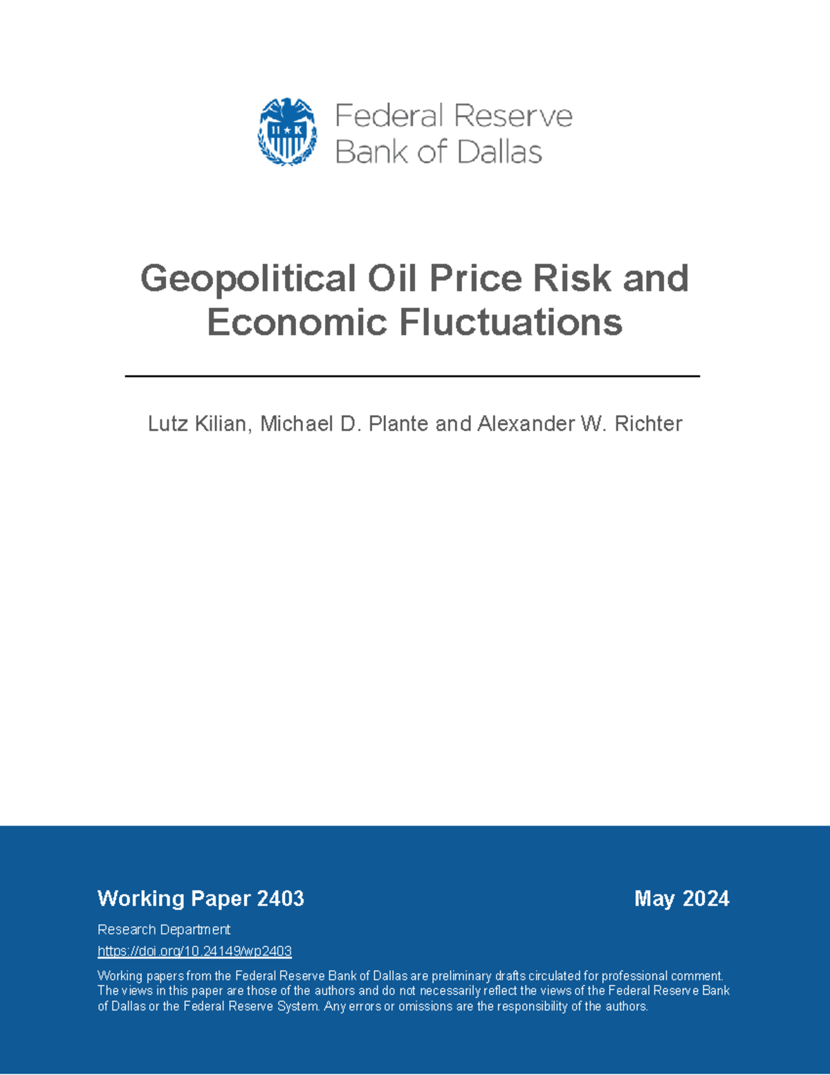 Geopolitical Oil Price Risk & Economic Fluctuations: WP 2403 - Studocu