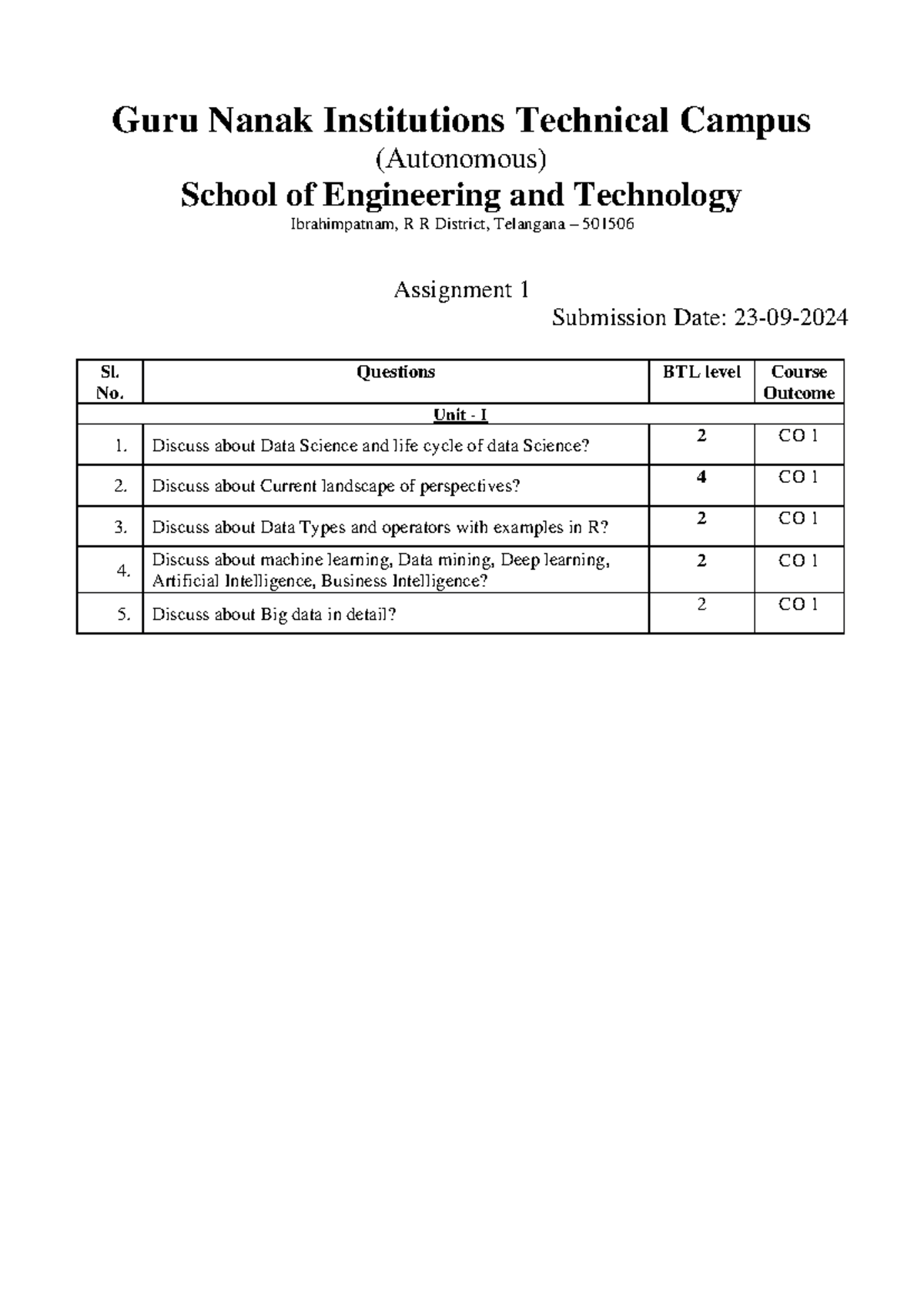 Unit 1 assignment Questions - Guru Nanak Institutions Technical Campus ...