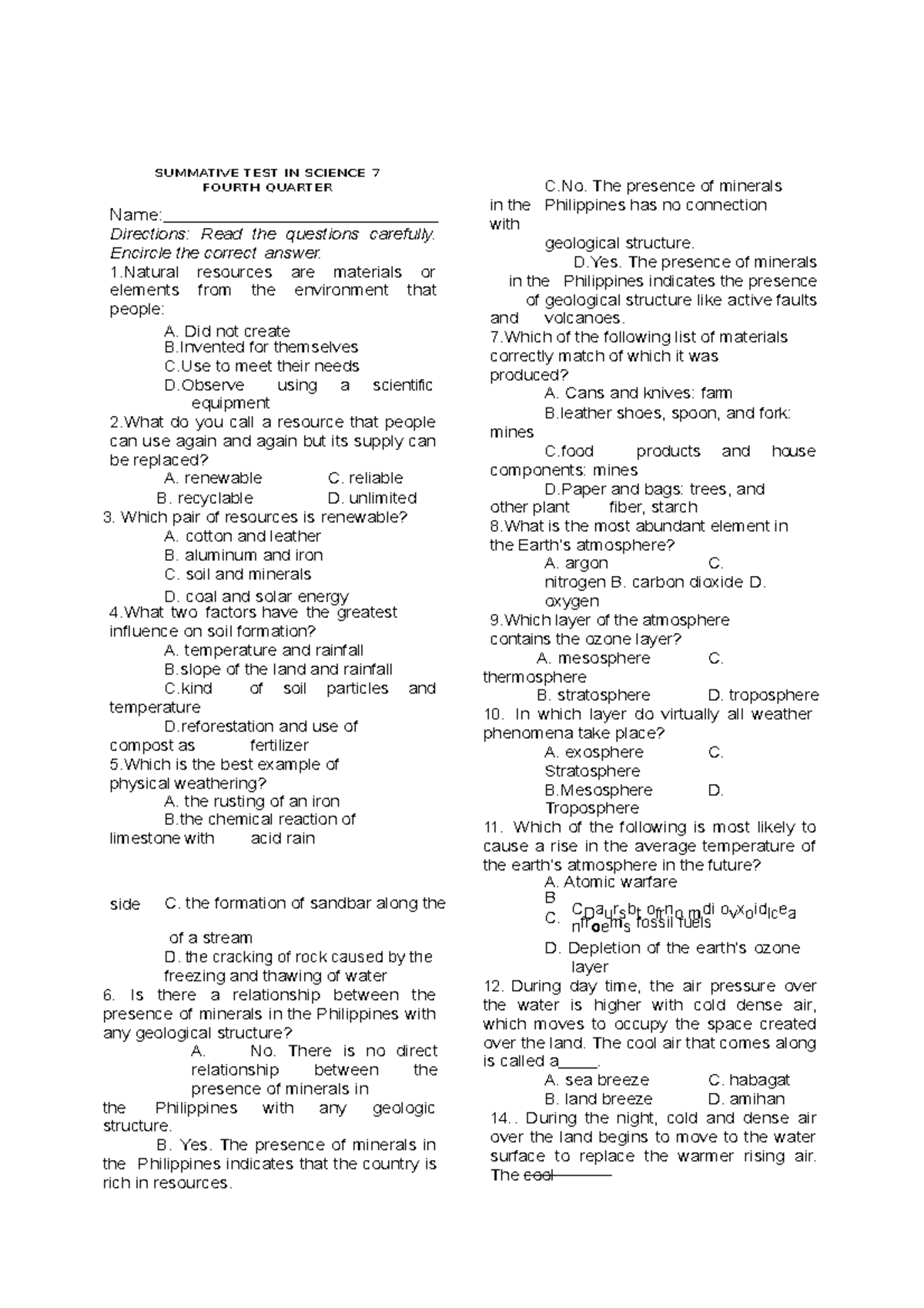 Summative Test in Science 7: Fourth Quarter Assessment - Studocu