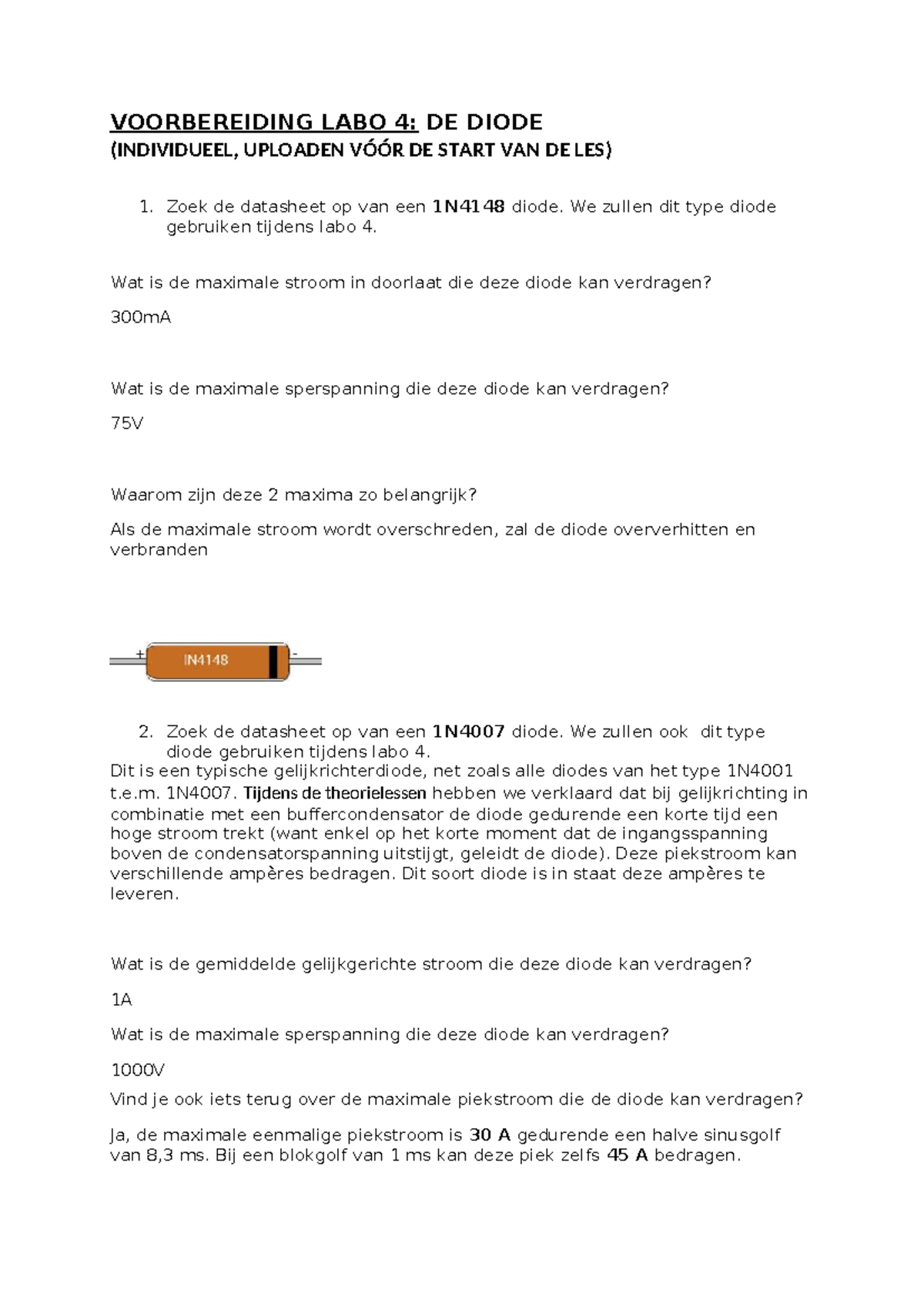 Voorbereiding Labo 4: De Diode en Datasheets van 1N4148 & 1N4007 - Studocu
