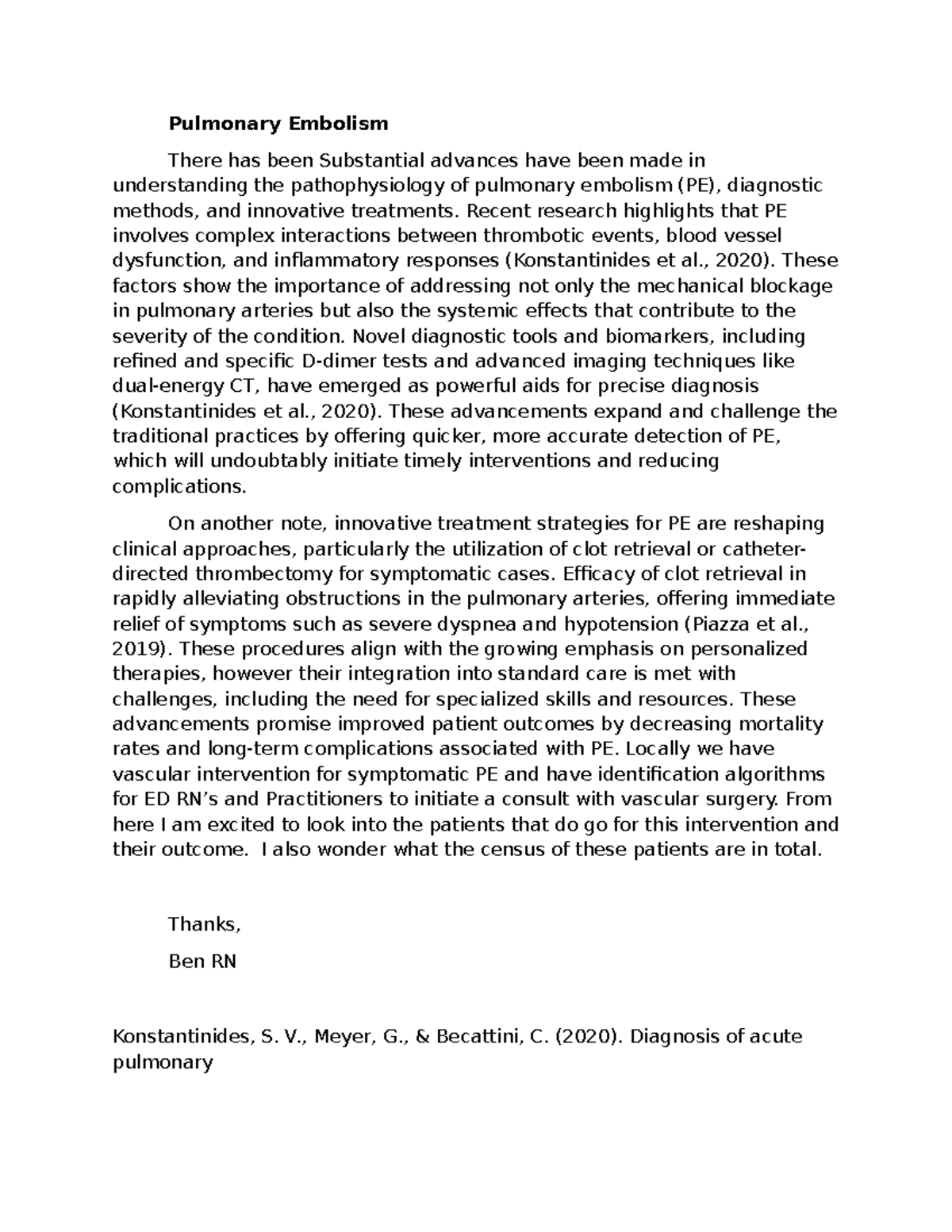 Week 6 Discussion Draft: Advances in Pulmonary Embolism (PE) Management ...