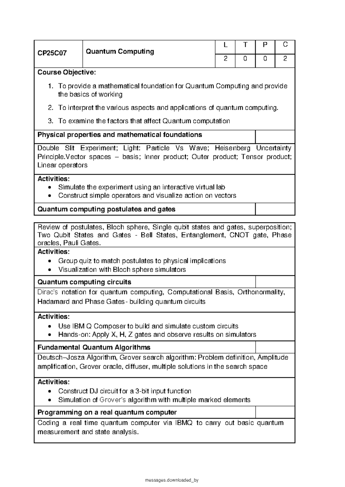 CP25C07 Quantum Computing Syllabus Overview and Objectives - Studocu