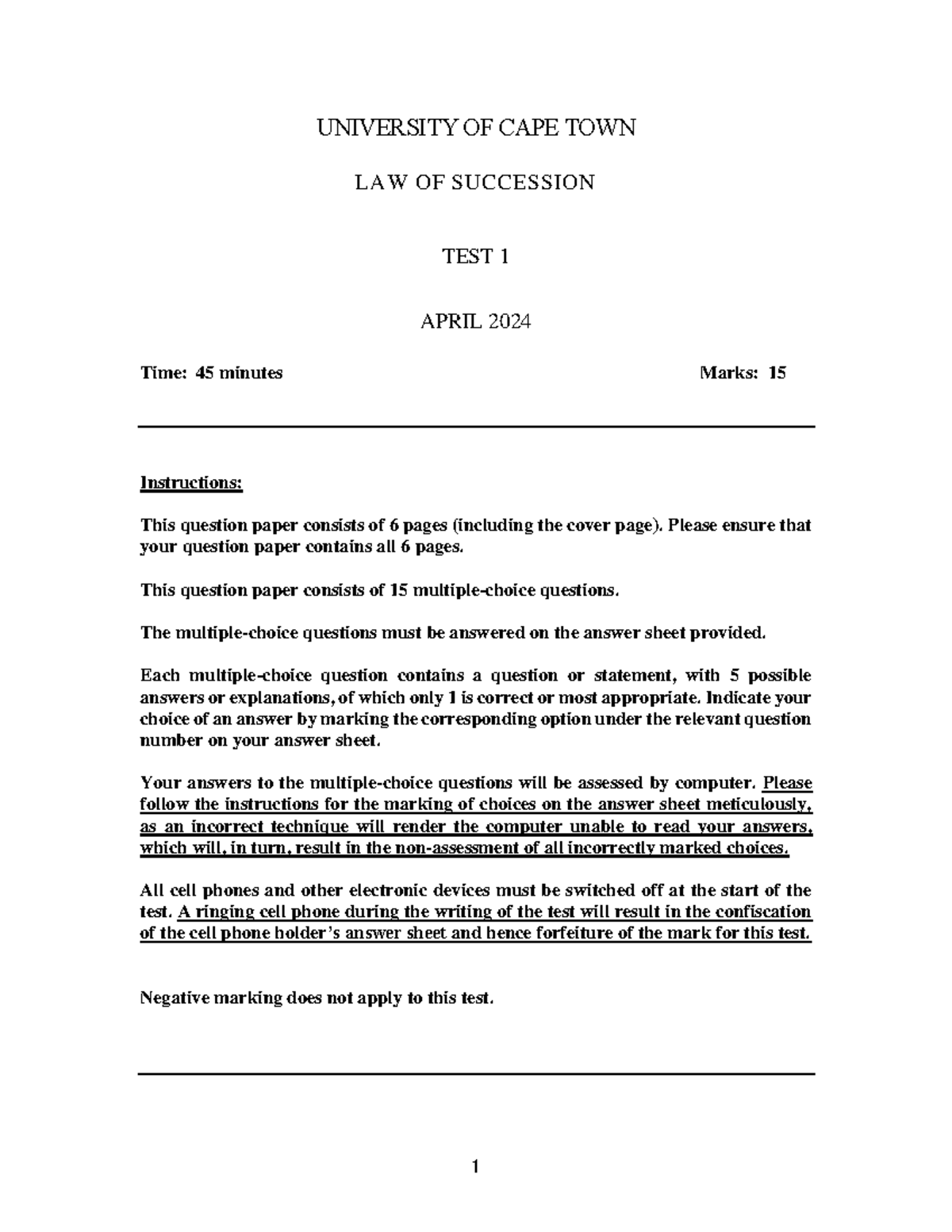 UCT LAW OF SUCCESSION TEST 1 APRIL 2024 - 45 MINUTES - Studocu