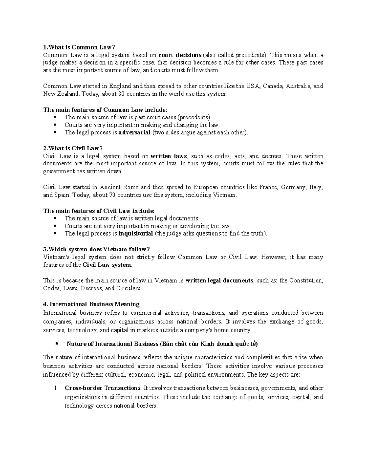 International Business Law Overview: Common vs. Civil Law Systems - Studocu