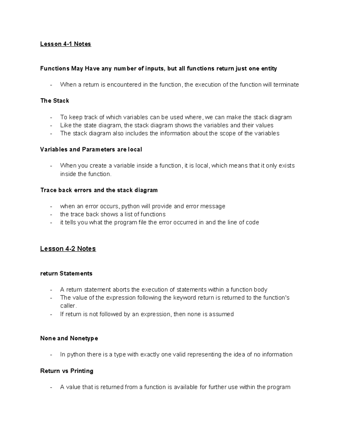 Week 4 Lesson Notes: Understanding Functions and Return Statements ...