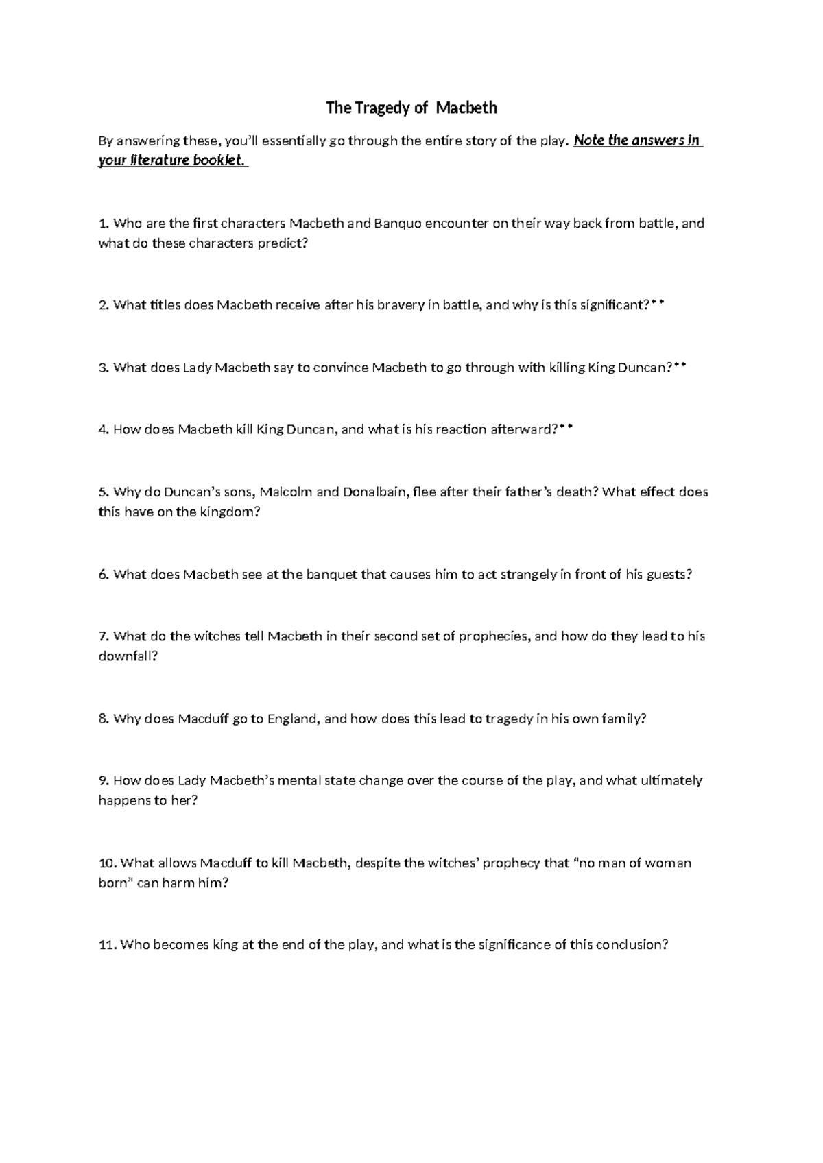 Macbeth (ENG 101) Final Exam Plot Questions and Key Characters Analysis ...