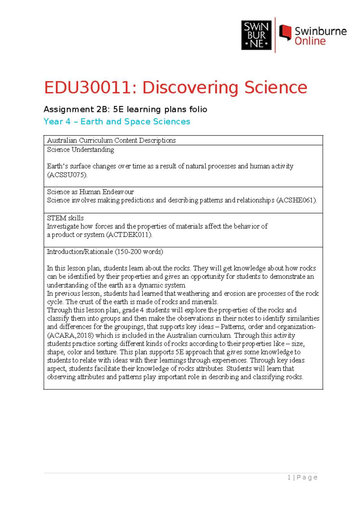 Disc sci -2b 5E folio - EDU30011: Discovering Science Assignment 2B: 5E ...