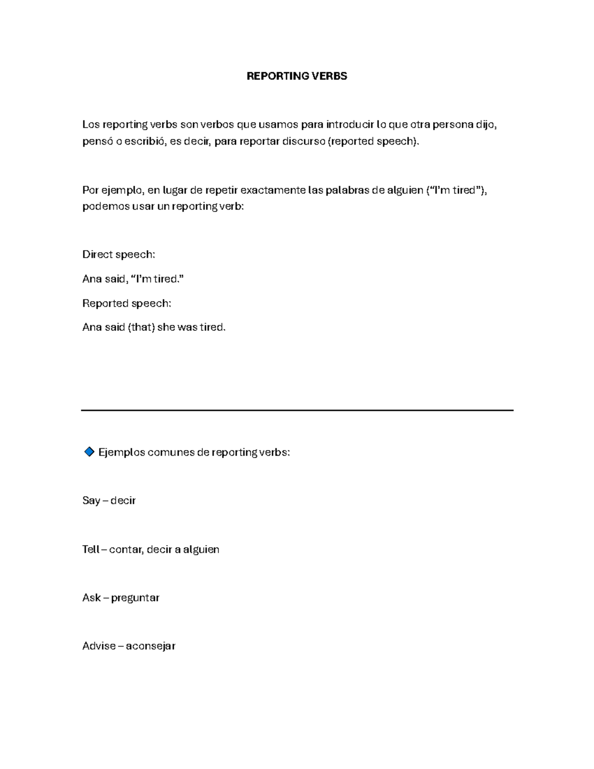 REPORTING VERBS: Introducción y Ejemplos Clave - Studocu