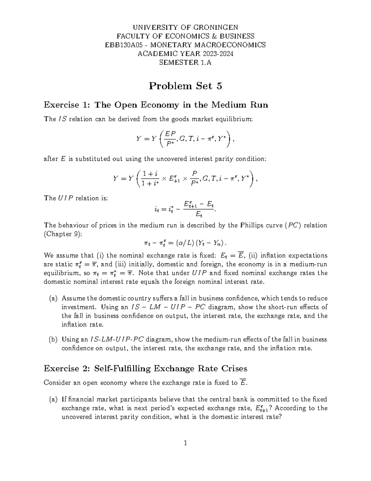 EBB130A05 - Monetary Macroeconomics Problem Set 5 Analysis - Studeersnel