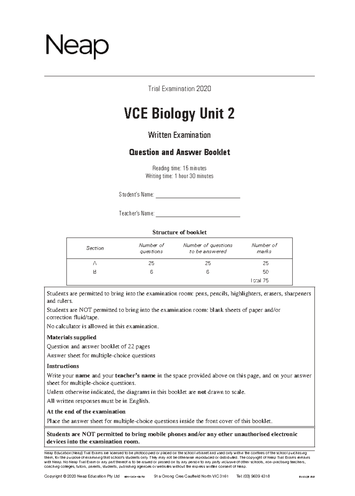 2020 VCE Biology Unit 2 Trial Exam Question & Answer Booklet - Studocu