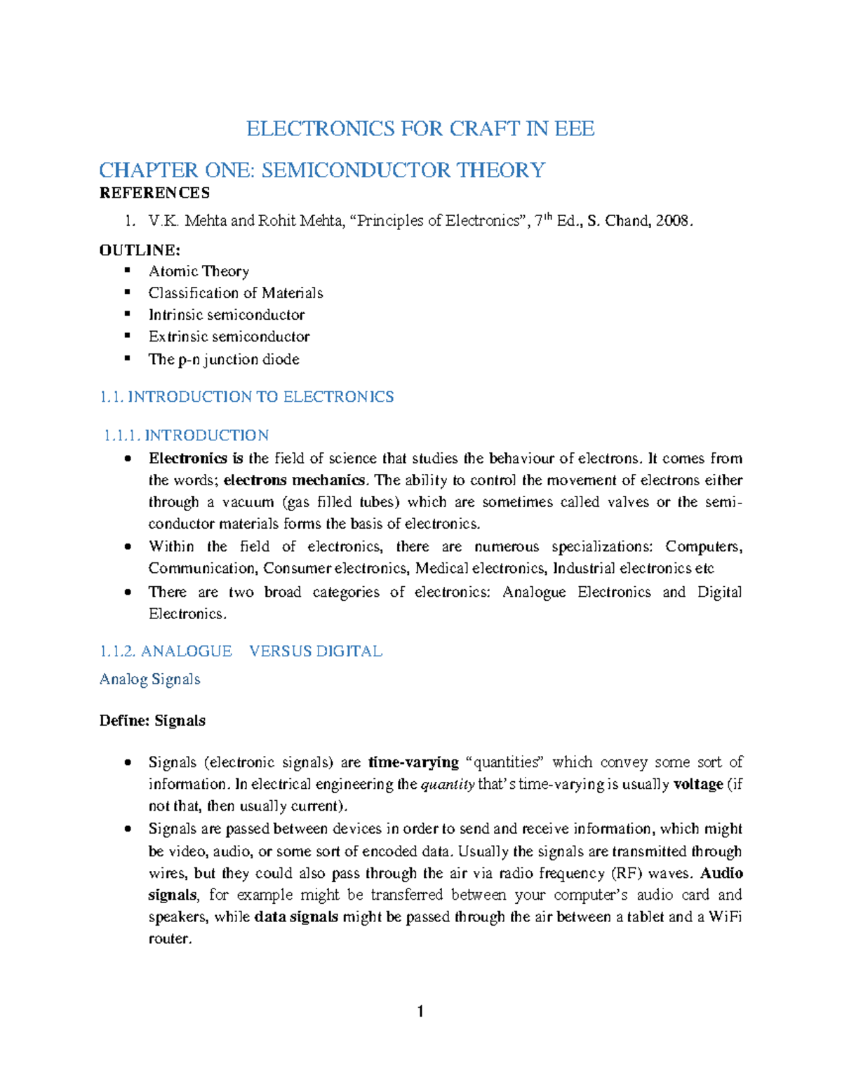 Electronics EEE 101: Chapter 1 - Semiconductor Theory Notes - Studocu