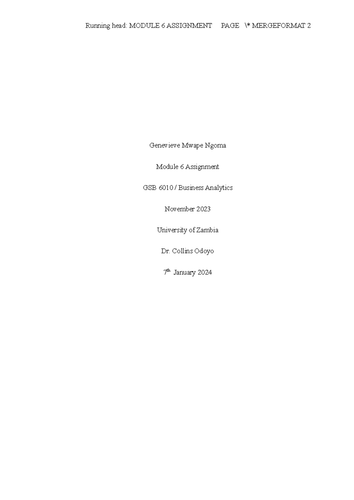 GSB 6010 Module 6 Assignment: Predictive Analytics in Business Analysis ...