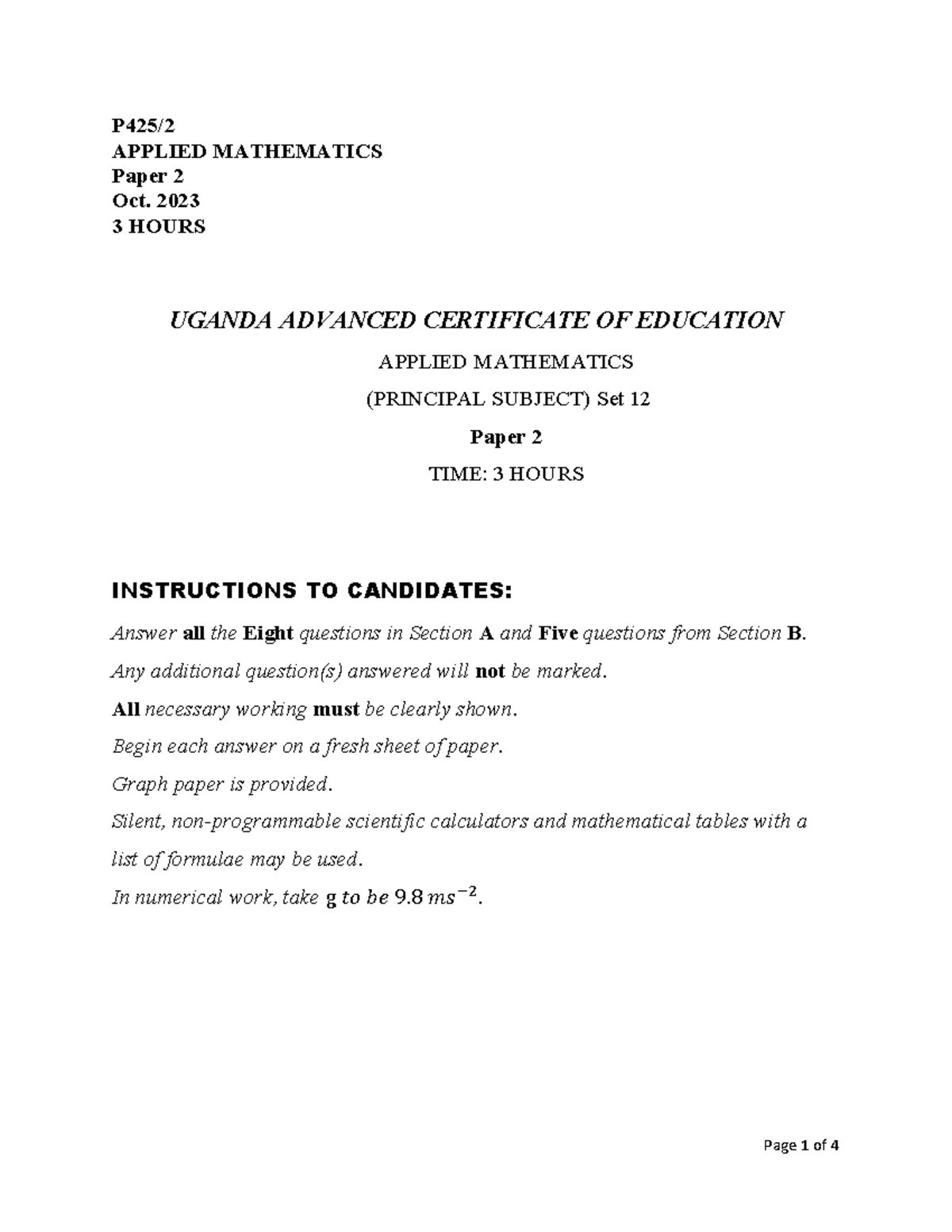 APPLIED MATHEMATICS Paper 2 Set 12 - Oct 2023 Exam Guide - Studocu