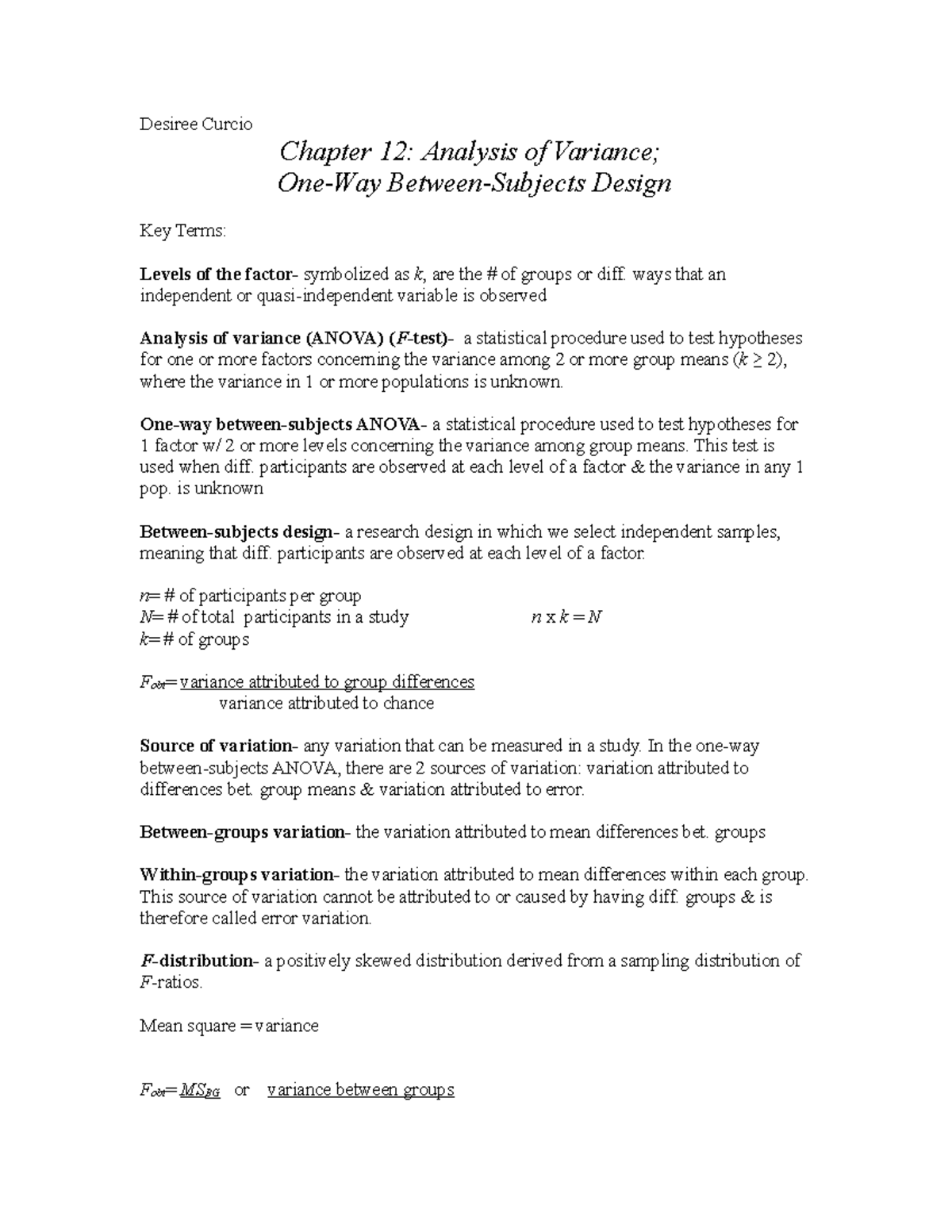 Ch 12 - Lecture Notes on One-Way ANOVA (Stats 101) - Studocu