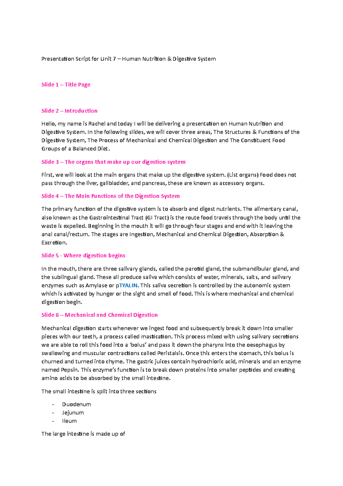 Unit 7 Presentation Script: Human Nutrition & Digestive System - Studocu