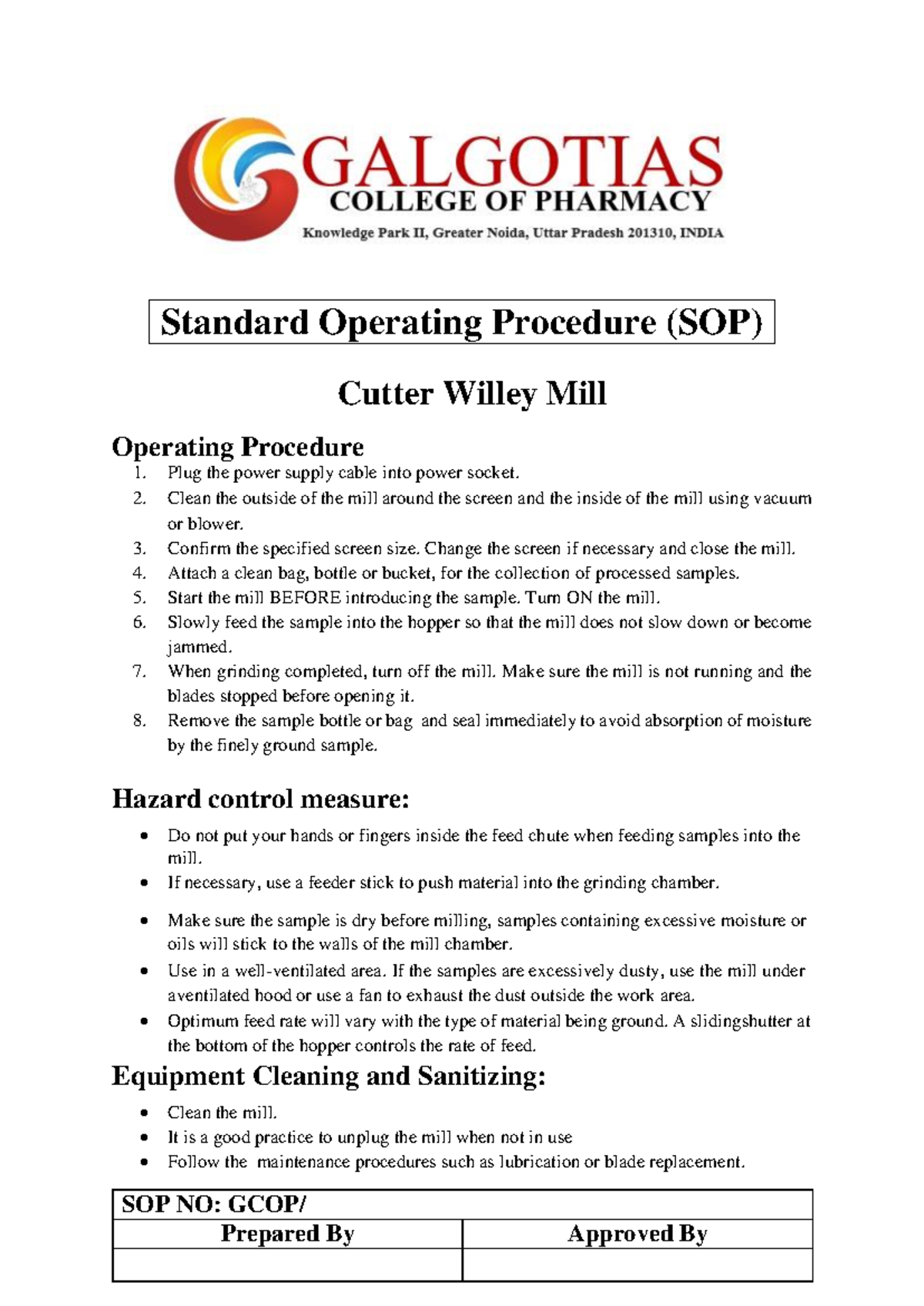 SOP GCOP - Cutter Willey Mill: Equipment Operating Procedures - Studocu