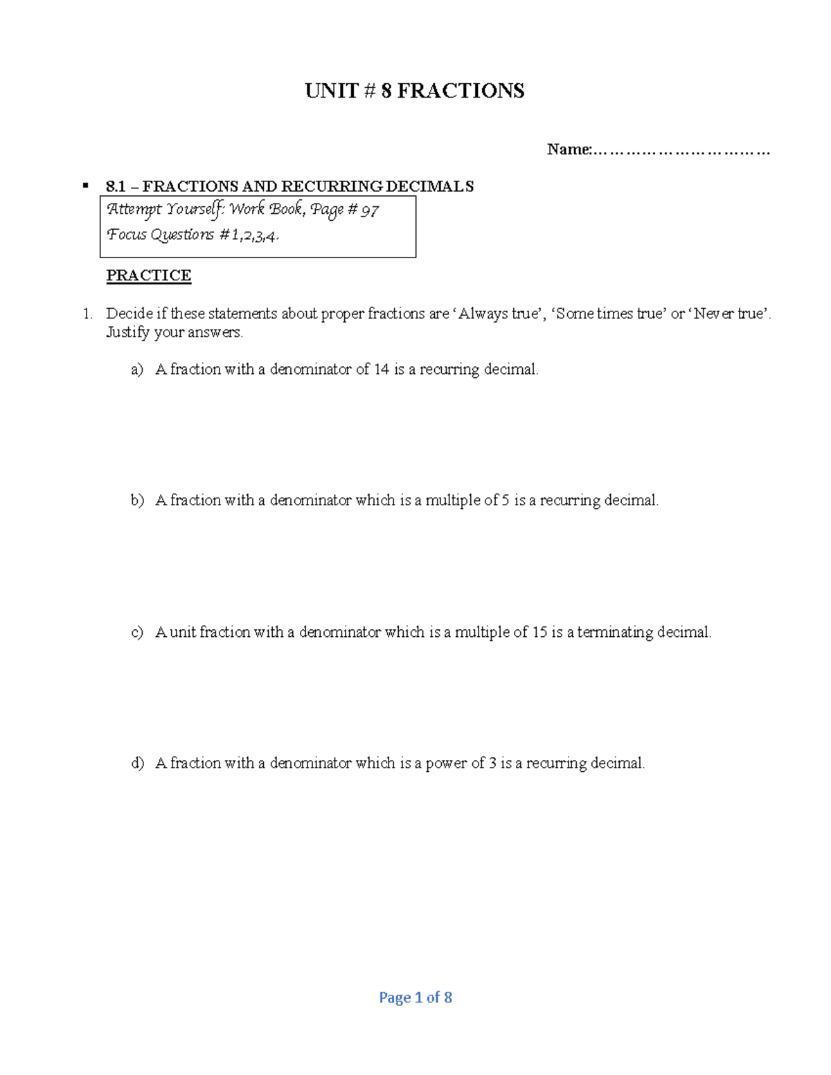 Grade 8 Math: Unit 8 - Fractions & Recurring Decimals Workbook - Studocu