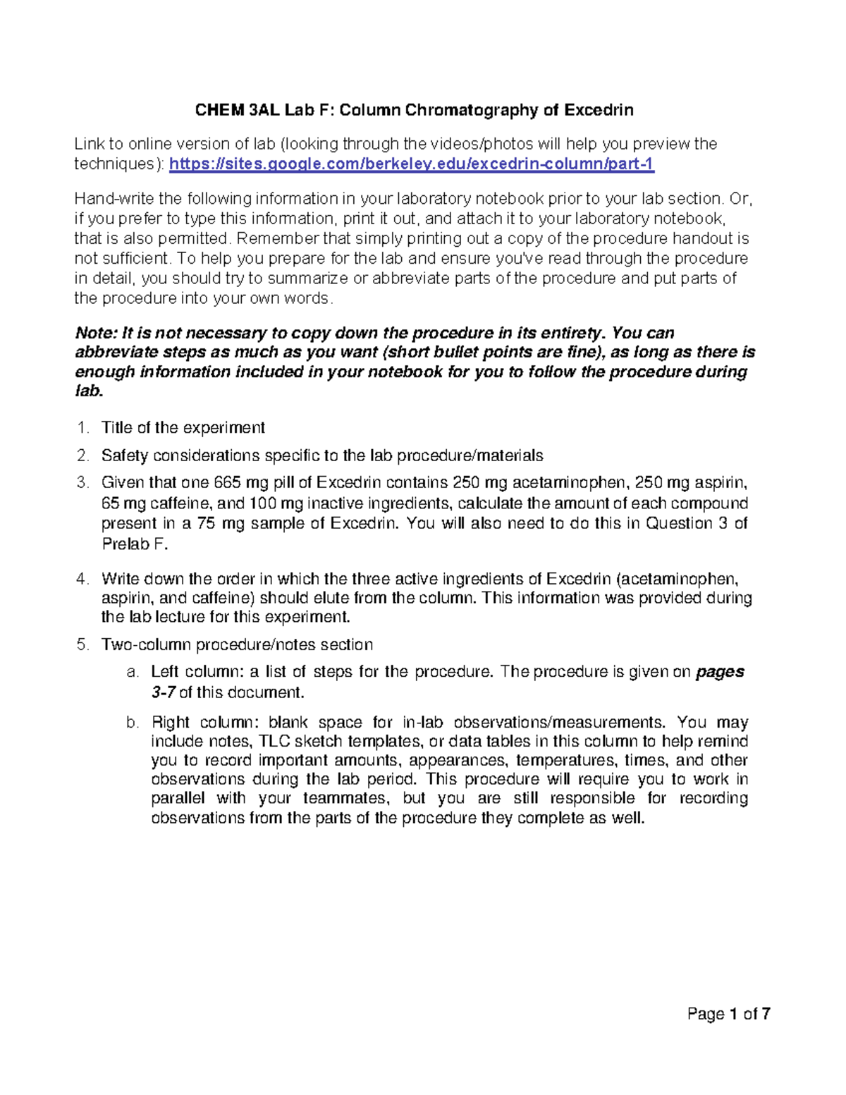 Lab F. Notebook Guide and Procedure - CHEM 3AL Lab F: Column ...