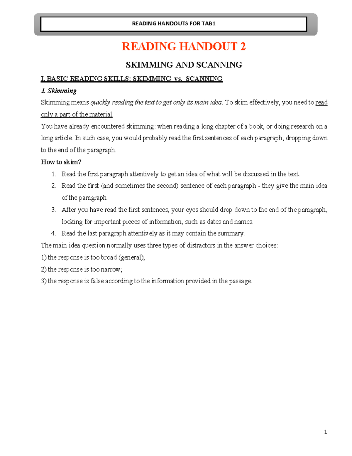 Reading Handout 2: Skimming & Scanning Techniques for TAB1 - Studocu
