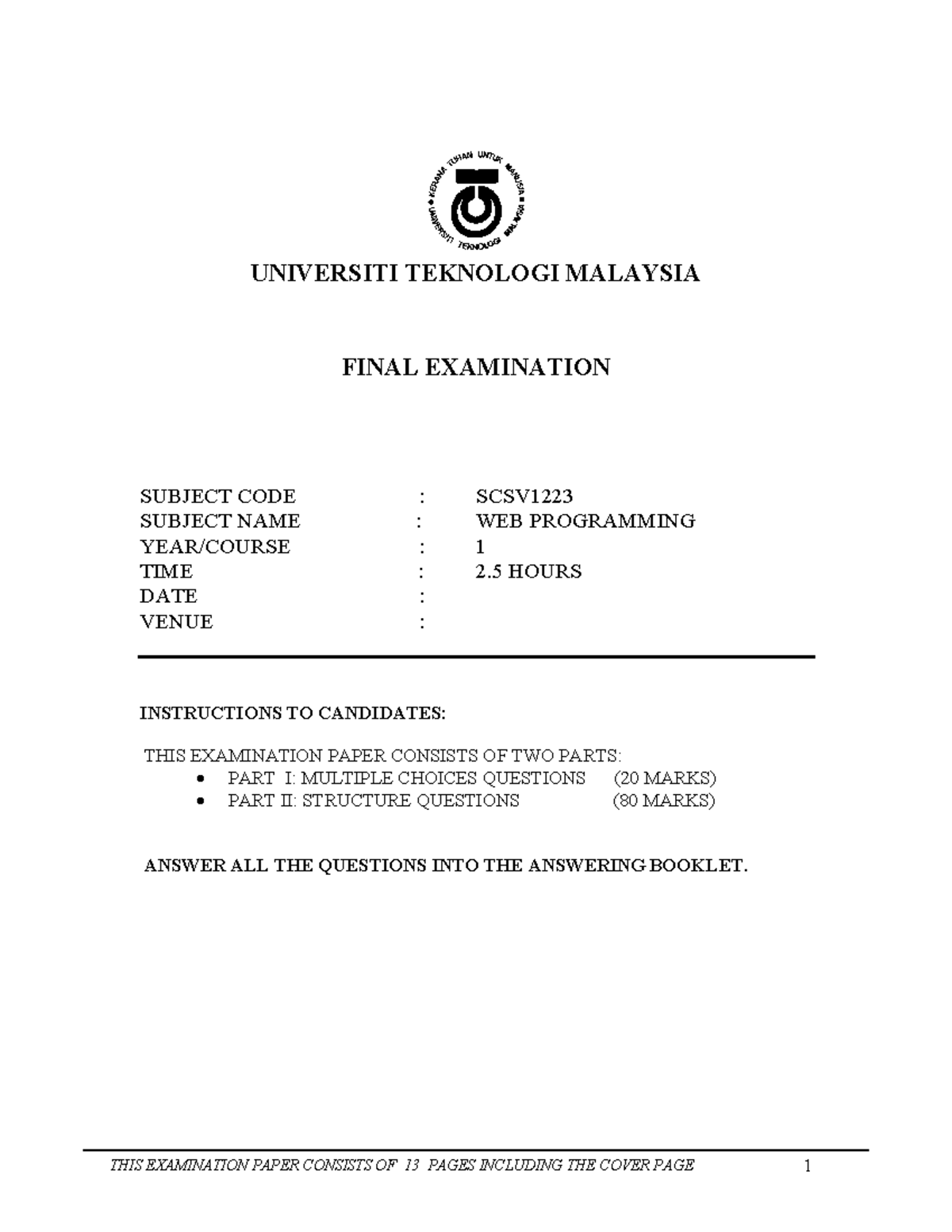 WEBPROG SCSV1223 Final Exam Questions: Multiple-Choice & Structure ...