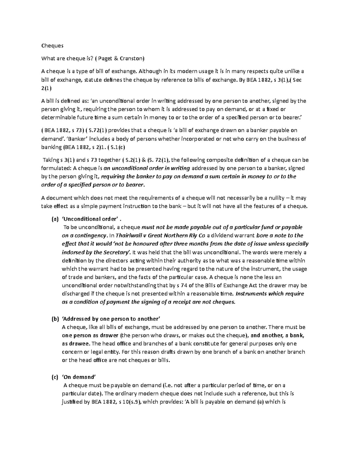 Negotiable Instruments and Cheque Analysis (BANK101) - Studocu