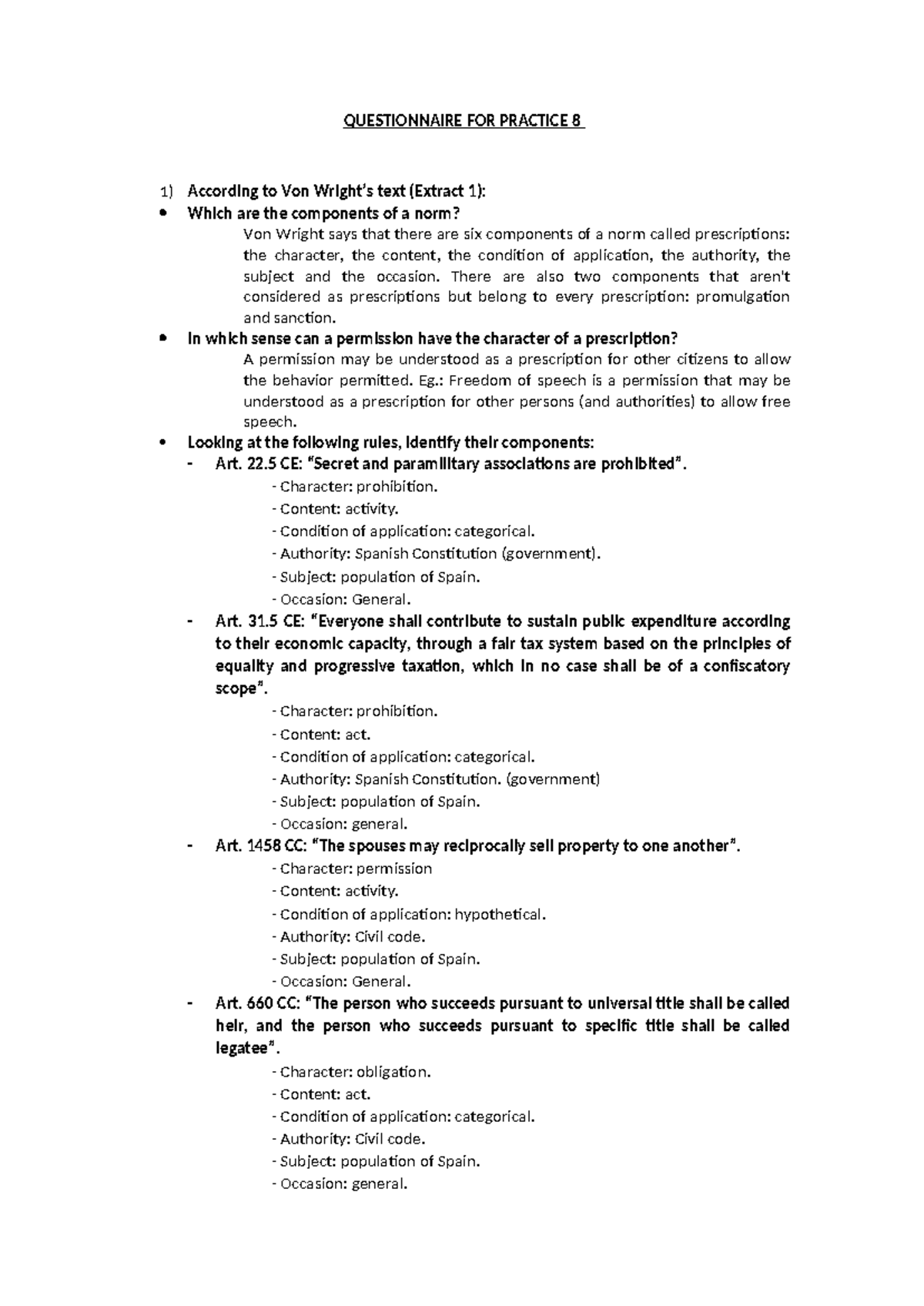 Practice 8 Questionnaire: Analyzing Norms and Legal Components - Studocu