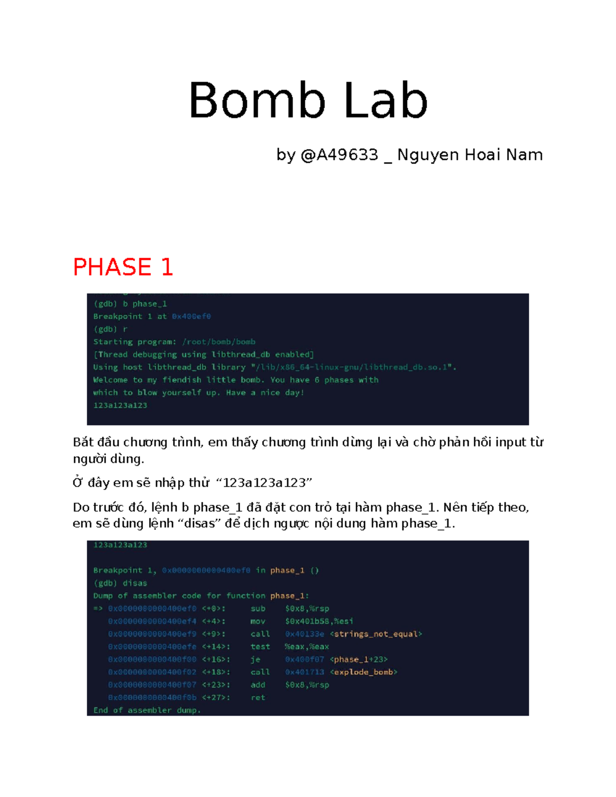 A49633 Bomb Lab Phase 1: Phân Tích và Giải Quyết - Studocu