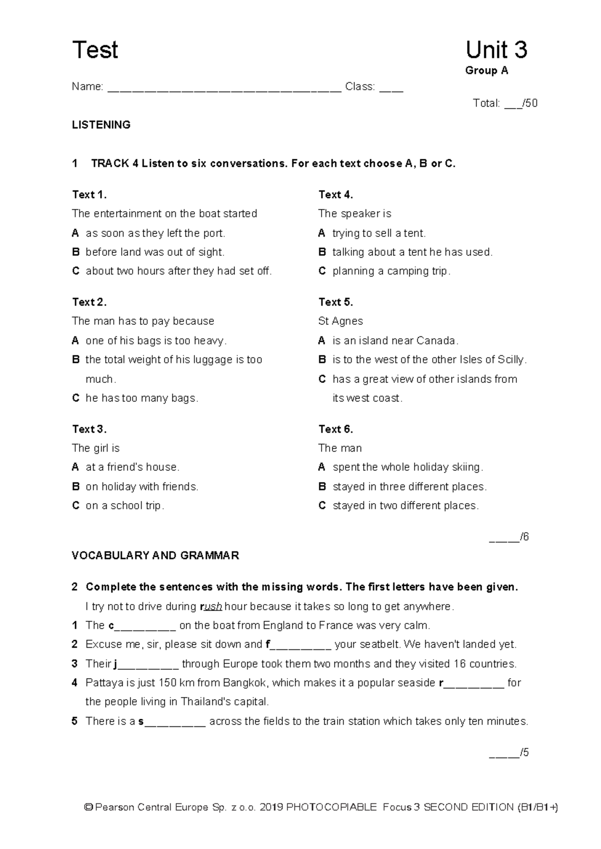 Focus 3 2E Listening & Vocabulary Unit 3 Group A Test - Studocu