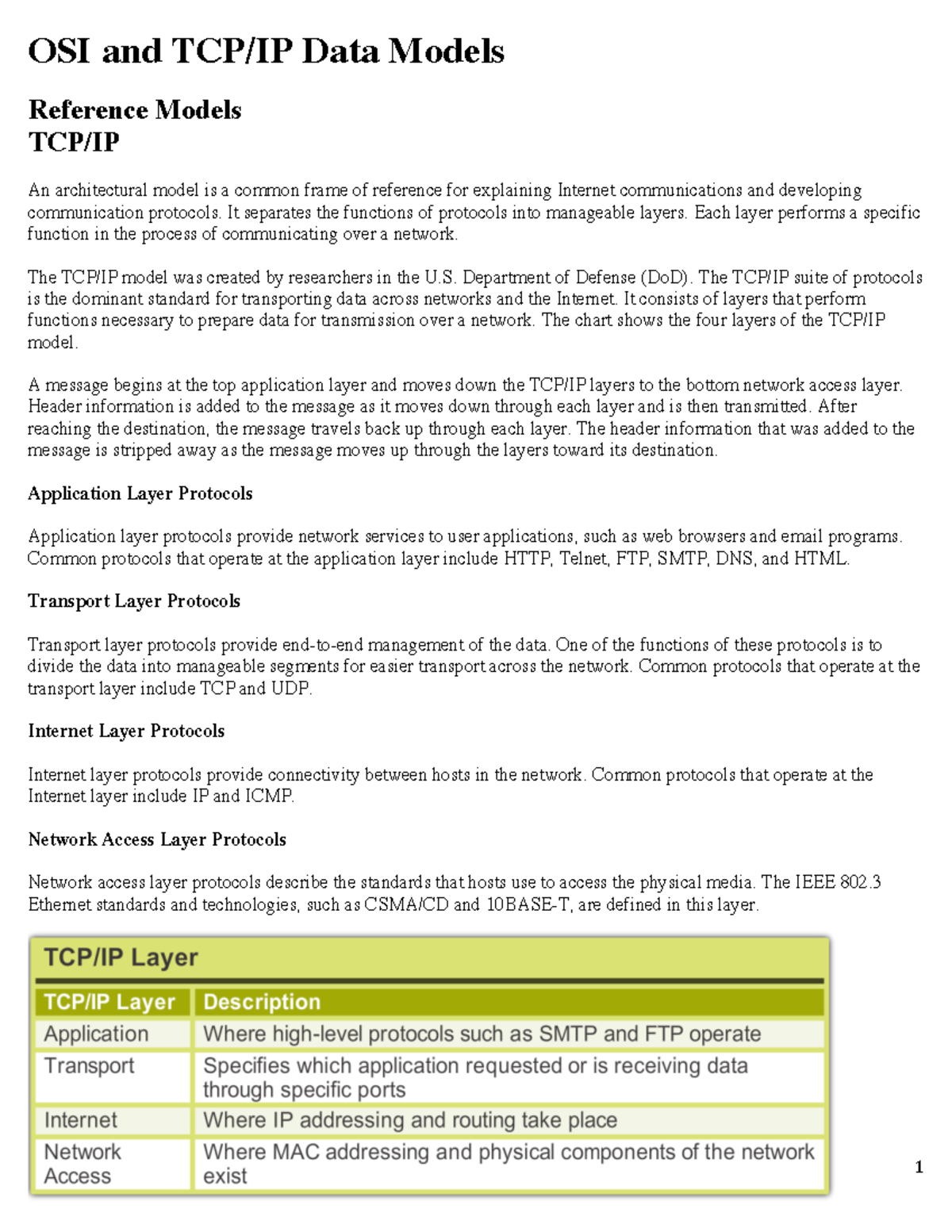 OSI - OSI Model - 1 OSI and TCP/IP Data Models Reference Models TCP/IP ...