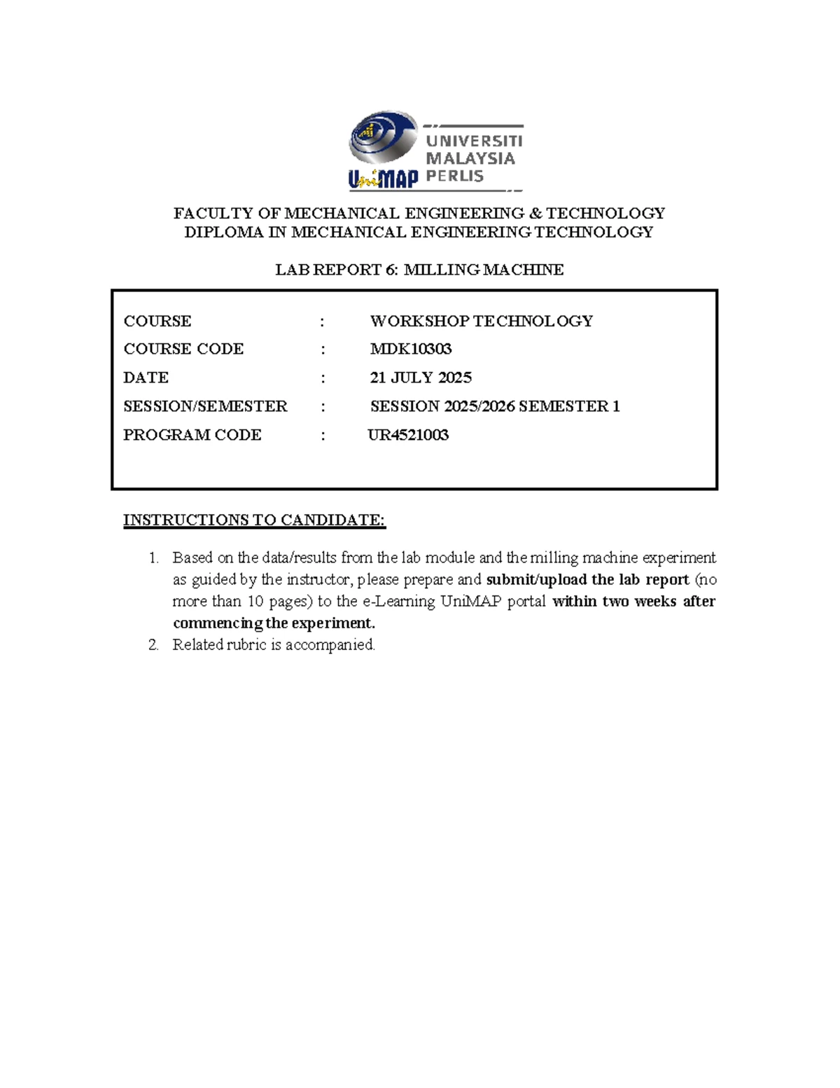 Lab Report 6: Milling Machine Evaluation Rubric MDK10303 Sem 1 - Studocu