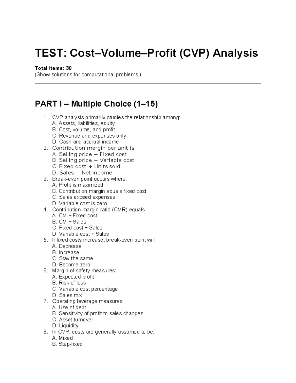 CVP Analysis Test Bank: Solutions for Computational Problems - Studocu