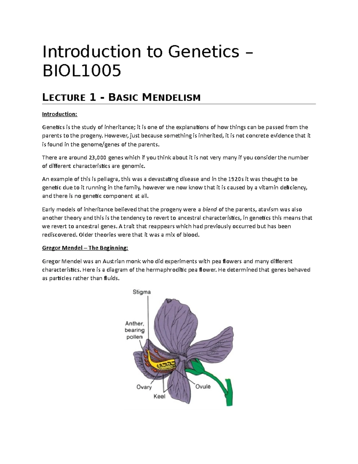 Genetics full notes - Introduction to Genetics BIOL1005 LECTURE 1 BASIC ...