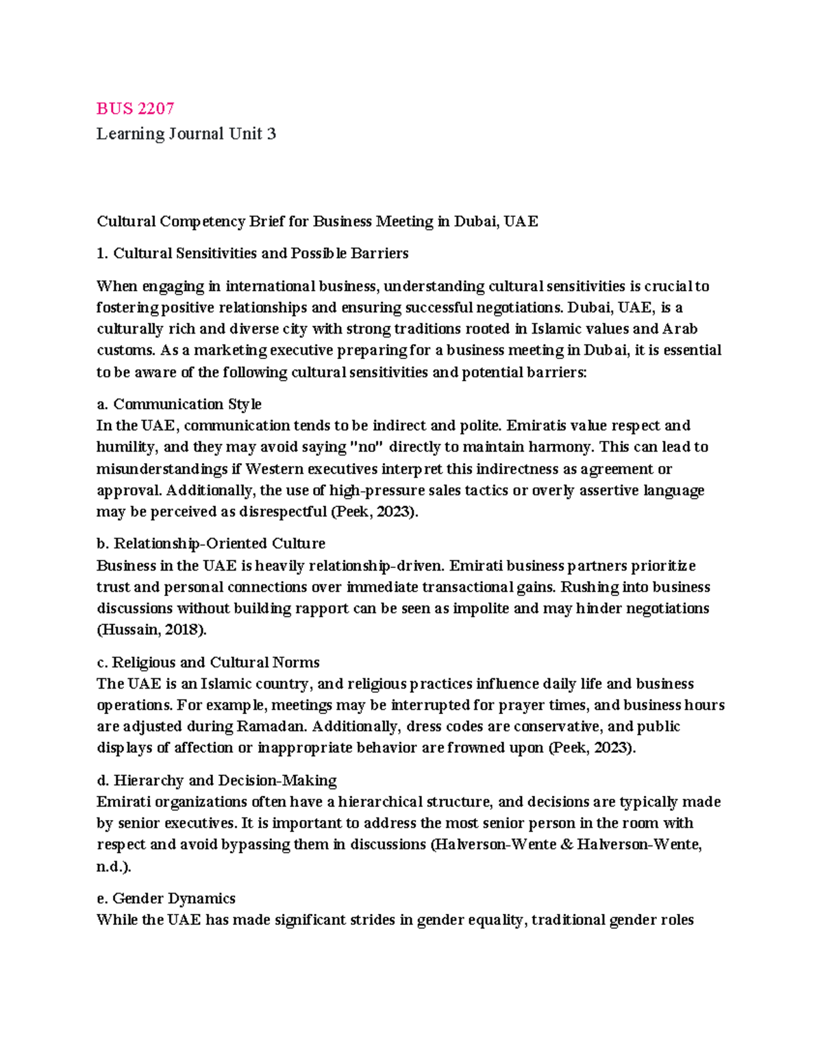 Cultural Competency Brief: Preparing for BUS 2207 Meeting in Dubai ...