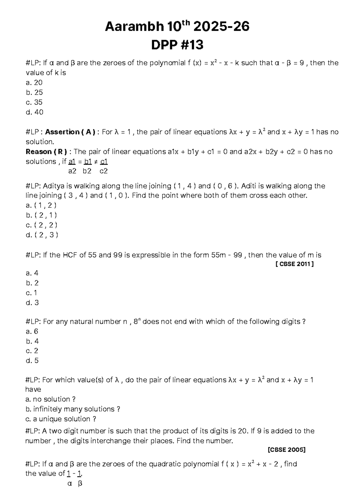 Class 10 Maths Most Important Questions for Board Exams DPP - Studocu