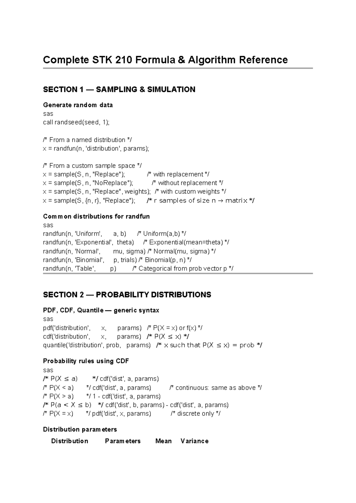 STK 210 - Practical 2: Comprehensive Formula & Algorithm Guide - Studocu