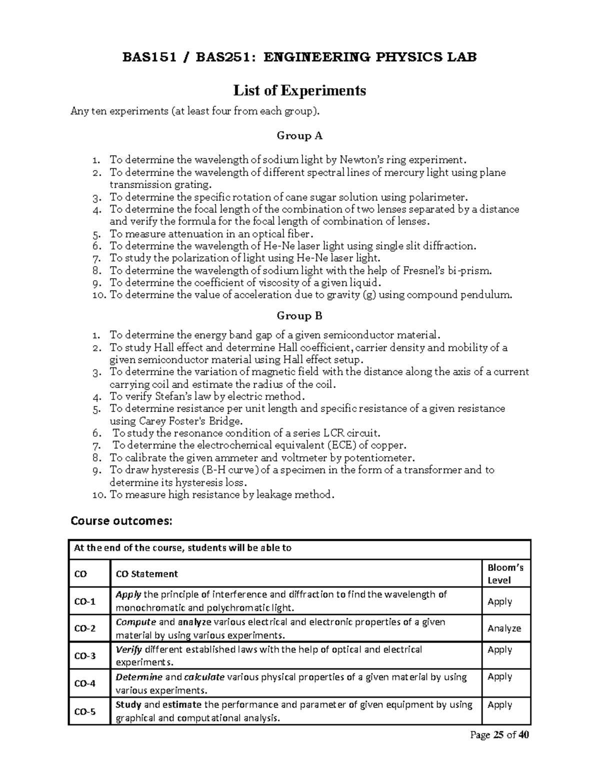BAS151 BAS251: Engineering Physics Lab - List of Experiments - Studocu
