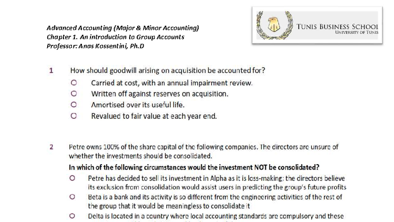 Ex questions on Chapter 1 - Advanced Accounting - Advanced Accounting ...