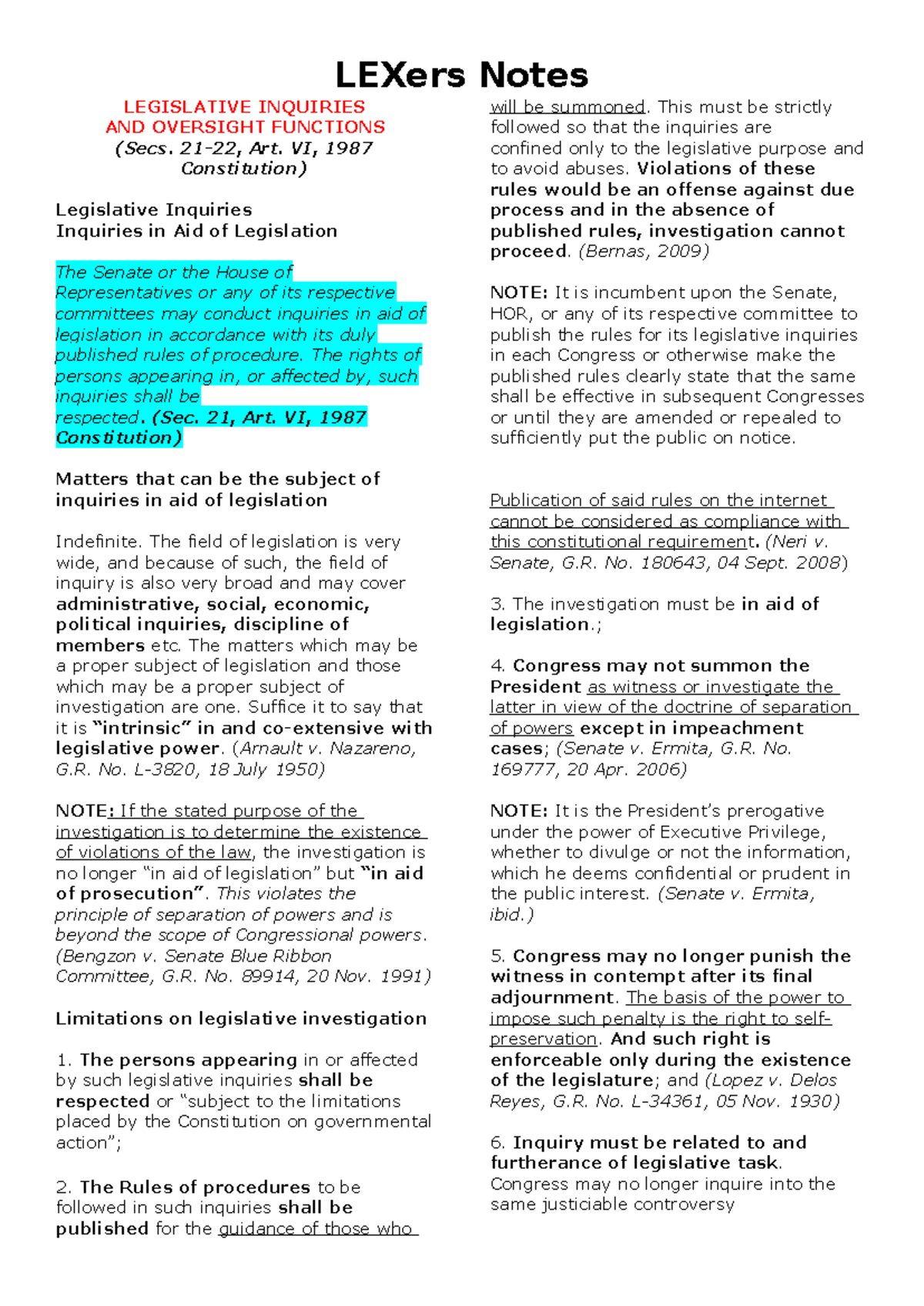 LEXers Notes on Legislative Inquiries & Oversight Functions (Art. VI ...
