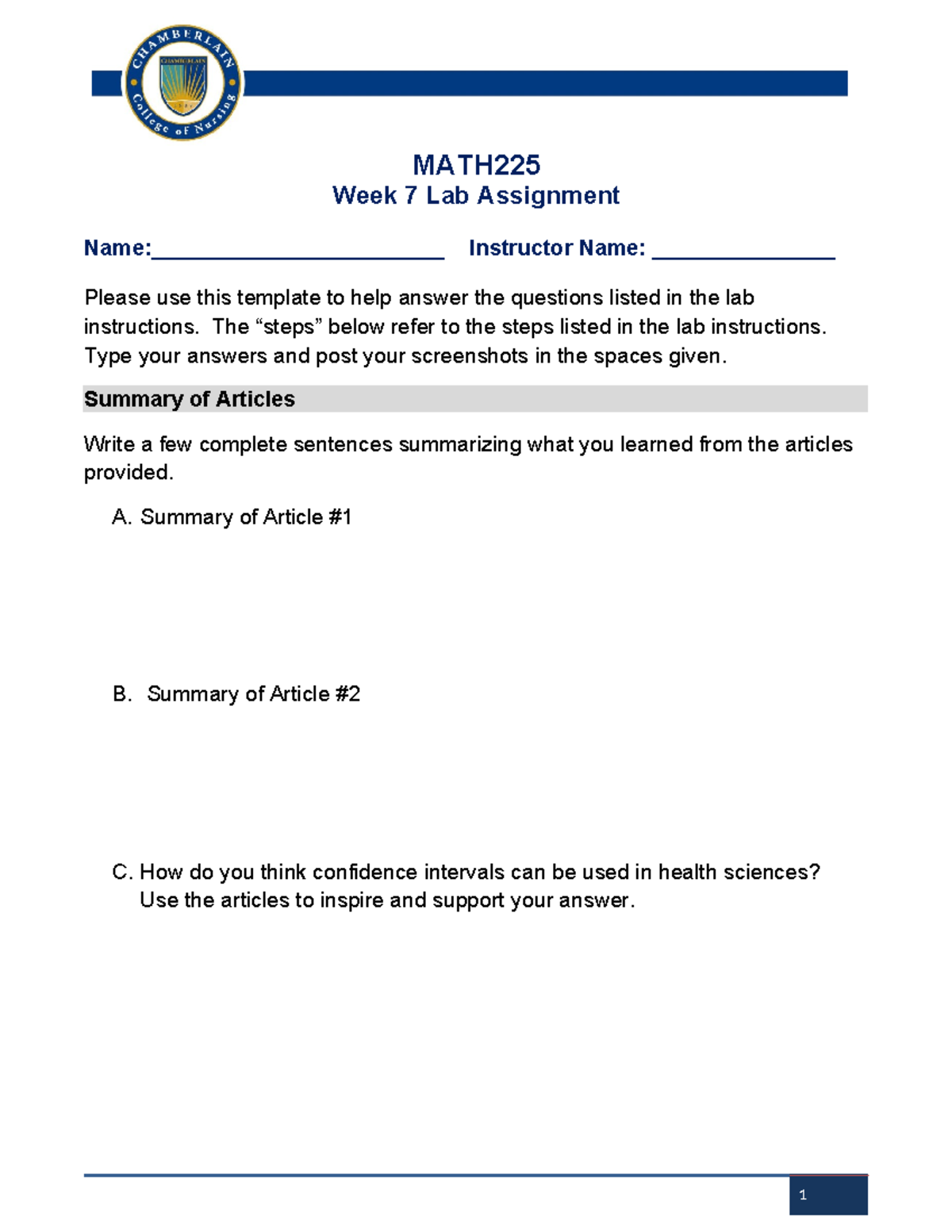 MATH225 Week 7 Lab Assignment: Confidence Intervals & Data Analysis ...