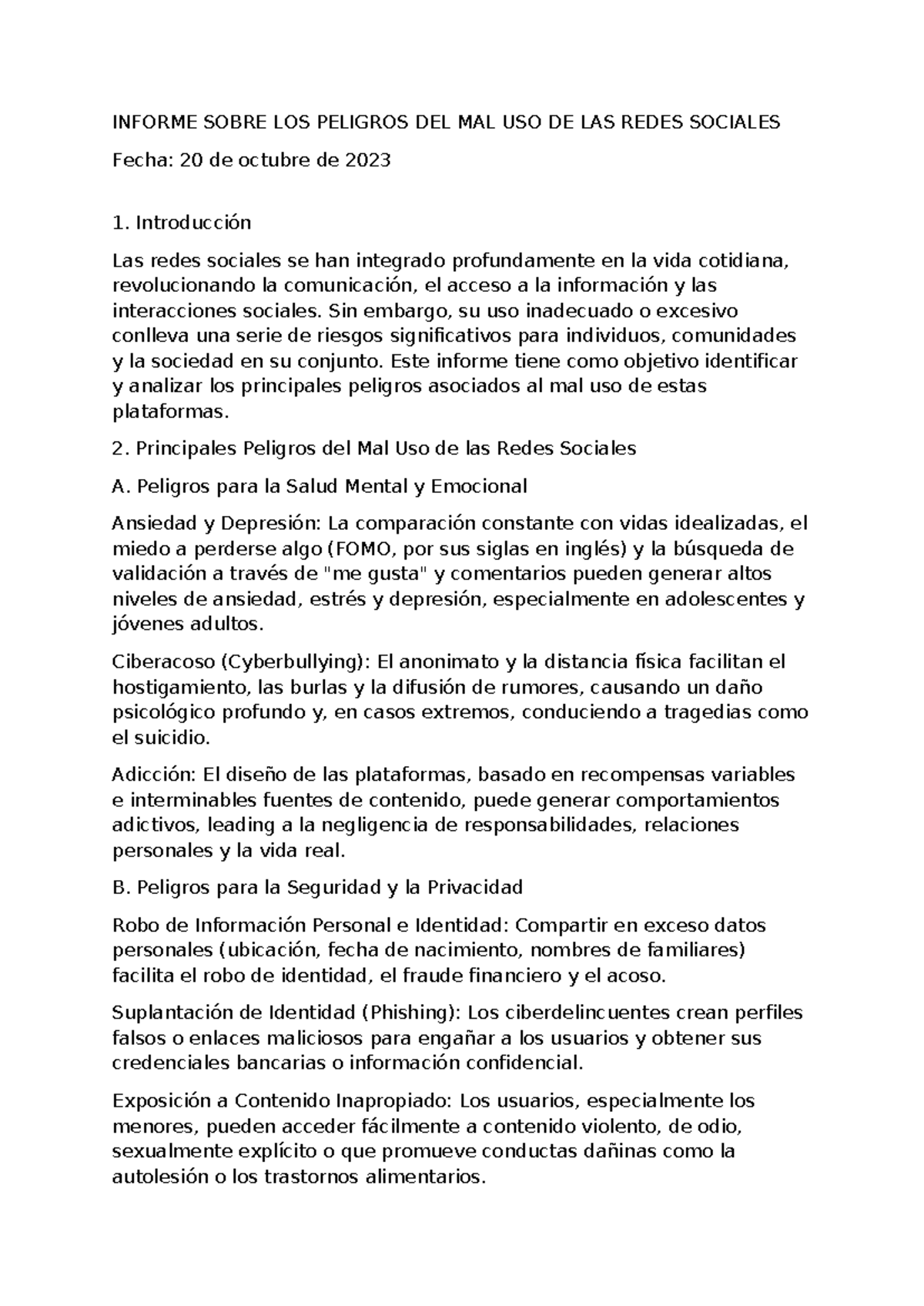 Informe sobre Peligros del Mal Uso de Redes Sociales - 2023 - Studocu