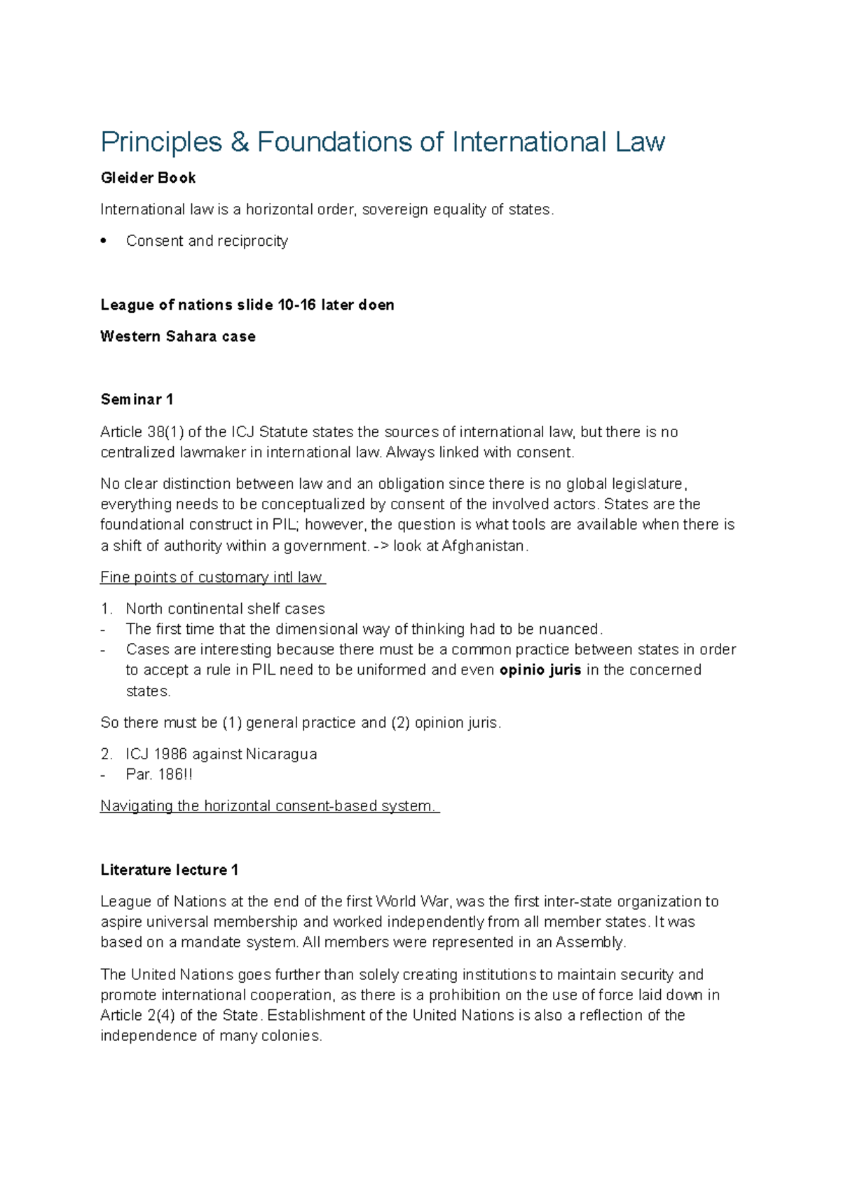 Exam Principles of International Law (PIL) Weeks 1-4 Notes - Studeersnel